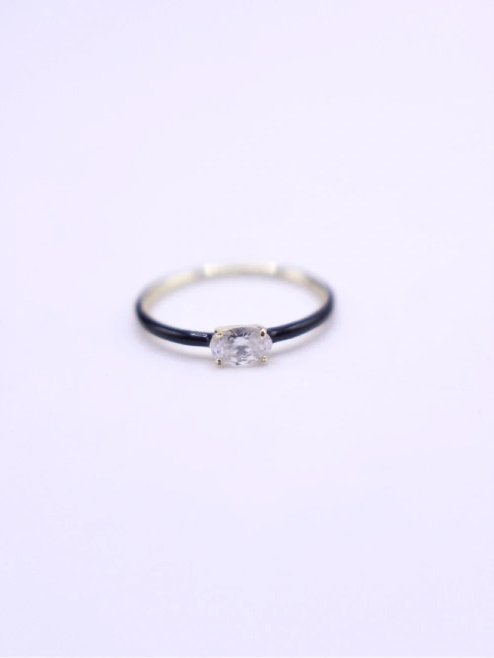MM Black enamel two tone gold plated Band Ring with Clear Oval Crystal